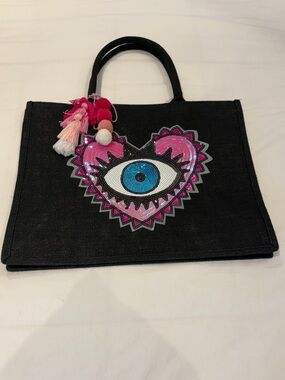 Black Beach Bag Tote with Evil Eye Pink Heart Applique and Tassel Charm